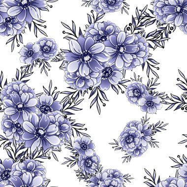 Kusursuz mavi monokrom klasik çiçek deseni