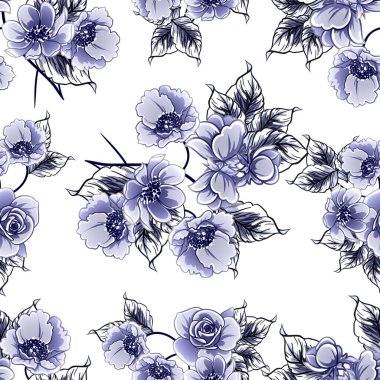 Kusursuz mavi monokrom klasik çiçek deseni