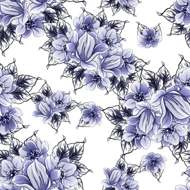 Kusursuz mavi monokrom klasik çiçek deseni