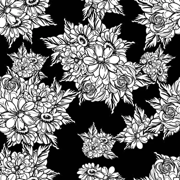 Modèle Fleurs Sans Couture Style Vintage Monochrome — Image vectorielle