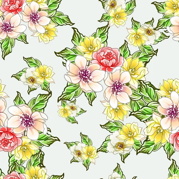 Colorato Stile Vintage Fiori Modello Senza Soluzione Continuità — Vettoriale Stock