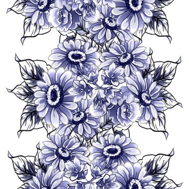 Kusursuz mavi monokrom klasik çiçek deseni