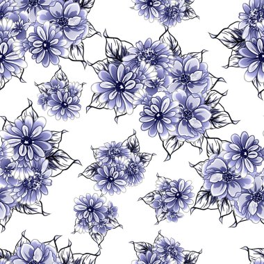 Kusursuz mavi monokrom klasik çiçek deseni