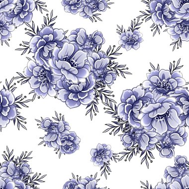 Kusursuz mavi monokrom klasik çiçek deseni