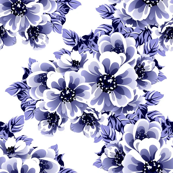 Patrón Flores Estilo Vintage Monocromo Azul Sin Costuras — Archivo Imágenes Vectoriales