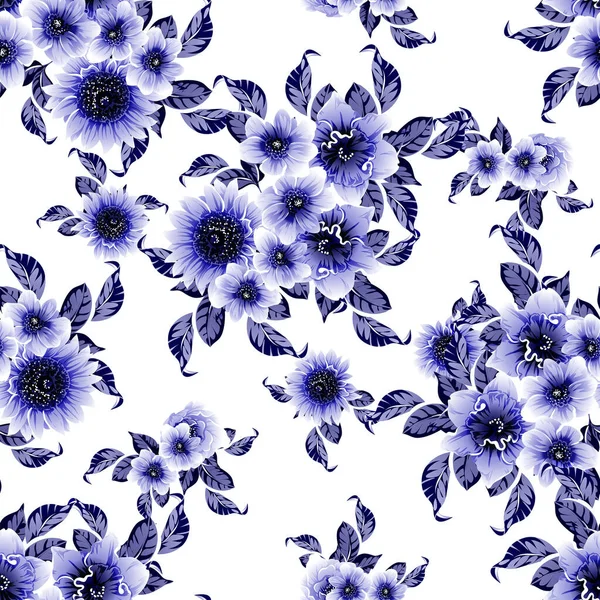 Patrón Flores Estilo Vintage Monocromo Azul Sin Costuras — Vector de stock