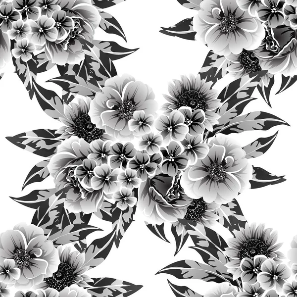 Seamless Monochrome Vintage Style Flowers Pattern — Stock Vector