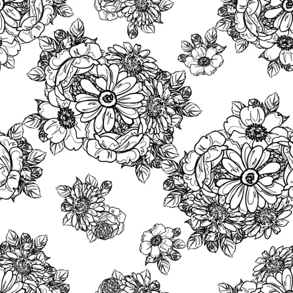 Naadloze Monochrome Vintage Stijl Bloemen Patroon — Stockvector