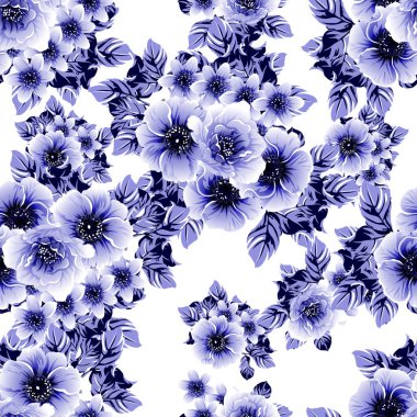 Kusursuz mavi monokrom klasik çiçek deseni