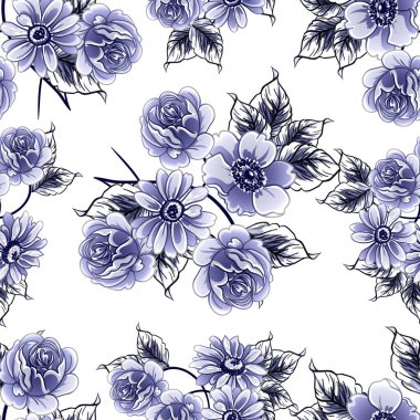 Kusursuz mavi monokrom klasik çiçek deseni