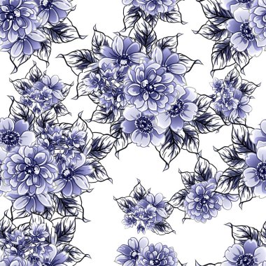 Kusursuz mavi monokrom klasik çiçek deseni
