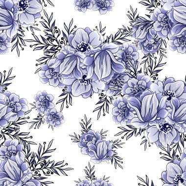 Kusursuz mavi monokrom klasik çiçek deseni