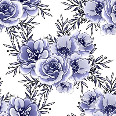 Kusursuz mavi monokrom klasik çiçek deseni