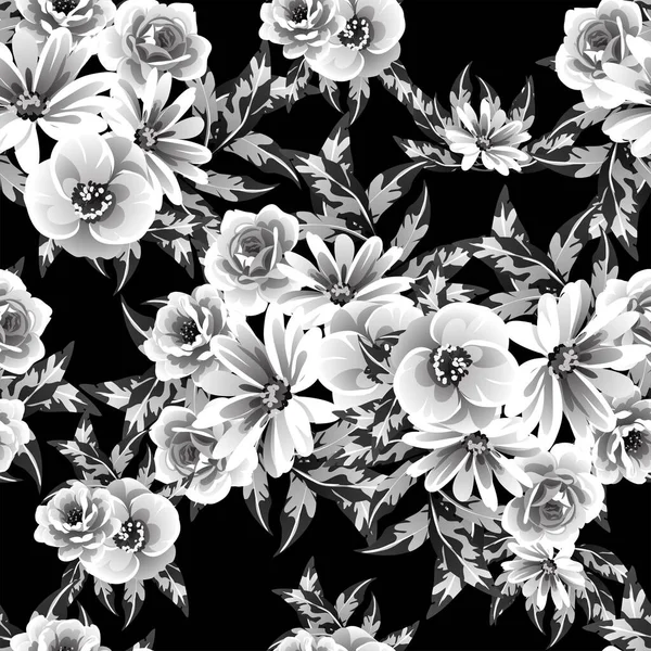 Zökkenőmentes Monokróm Vintage Stílusú Virágok Minta — Stock Vector