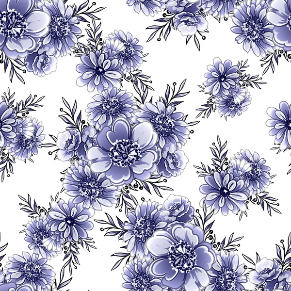 Seamless Blue Monochrome Vintage Style Flowers Pattern — Stock Vector