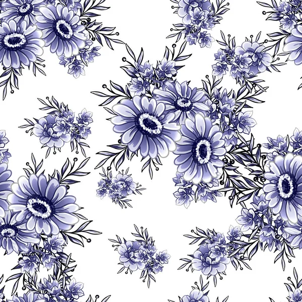 Patrón Flores Estilo Vintage Monocromo Azul Sin Costuras — Vector de stock