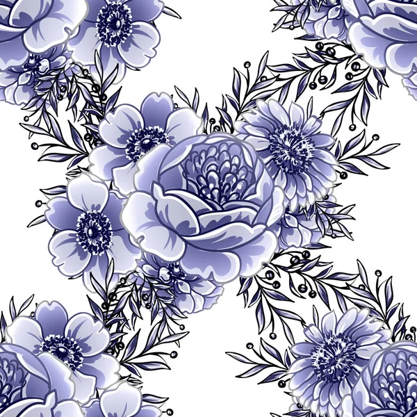 Zökkenőmentes Kék Monokróm Vintage Stílusú Virágok Minta — Stock Vector