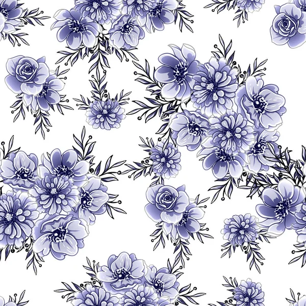 Sömlös Blå Monokrom Vintage Stil Blommor Mönster — Stock vektor