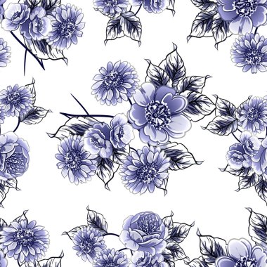 Kusursuz mavi monokrom klasik çiçek deseni