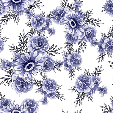 Kusursuz mavi monokrom klasik çiçek deseni