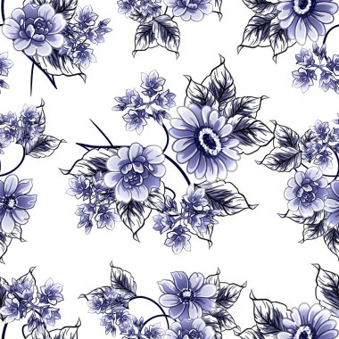 Kusursuz mavi monokrom klasik çiçek deseni