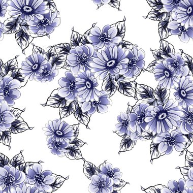 Kusursuz mavi monokrom klasik çiçek deseni