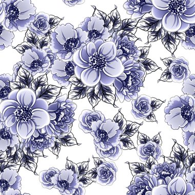 Kusursuz mavi monokrom klasik çiçek deseni