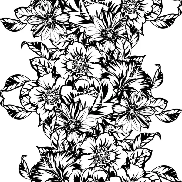 Цветы Бесшовного Монохромного Винтажного Стиля — стоковый вектор