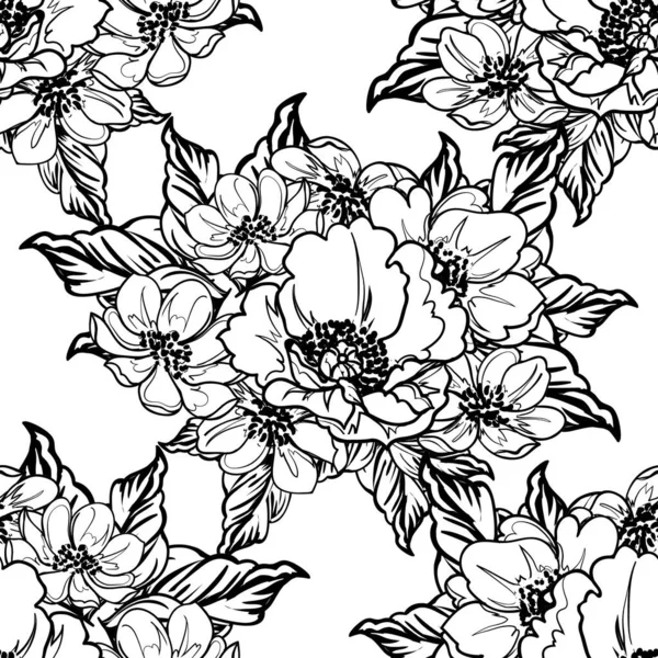 Inconsútil Patrón Flores Estilo Vintage Monocromo — Vector de stock