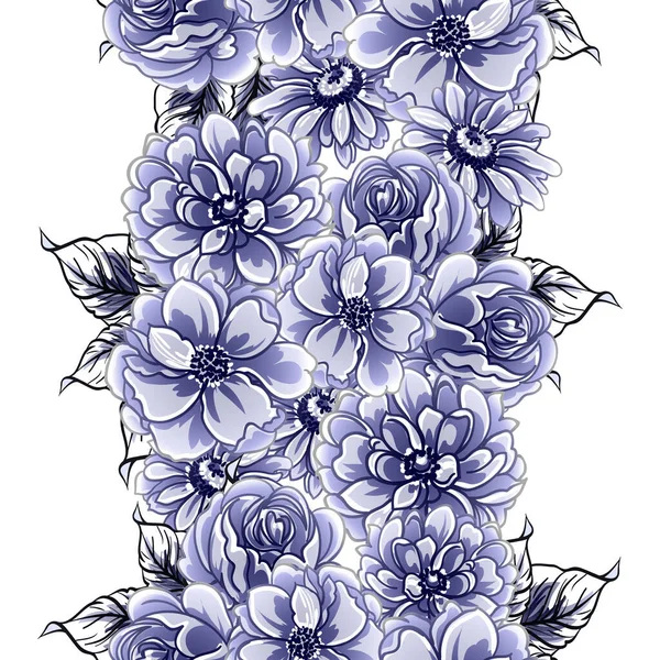Patrón Flores Estilo Vintage Monocromo Azul Sin Costuras — Archivo Imágenes Vectoriales