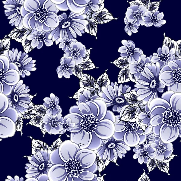 Sans Couture Bleu Monochrome Motif Fleurs Style Vintage — Image vectorielle