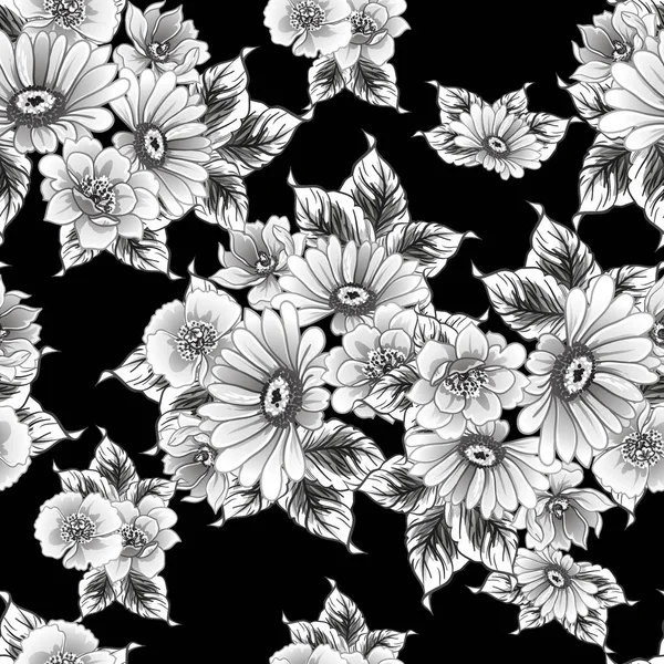 Modèle Fleurs Sans Couture Style Vintage Monochrome — Image vectorielle