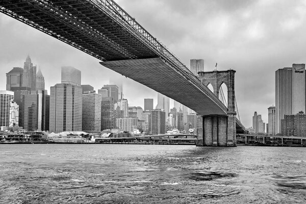 Foggy Manhattan - Manhattan skyline and Brooklyn Bridge, Hudson River, Manhattan, New York, United States