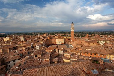 Siena, Toskana, İtalya. Old Town - Piazza del Campo, Palazzo Pubblico di Siena, Siena Katedrali (Duomo di Siena batımında Torre del Mangia görünümünü)