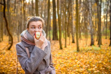 Paltolu çekici bir kadın sonbahar parkında lezzetli elmalar yiyor.