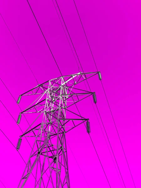 High Towers High Voltage Power Line Pink Purple Background Bottom — Stockfoto