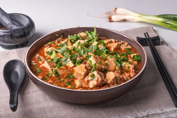 Tradycyjna Chińska Potrawa Mapo Tofu Mięsem Mielonym Serem Tofu Misce — Zdjęcie stockowe