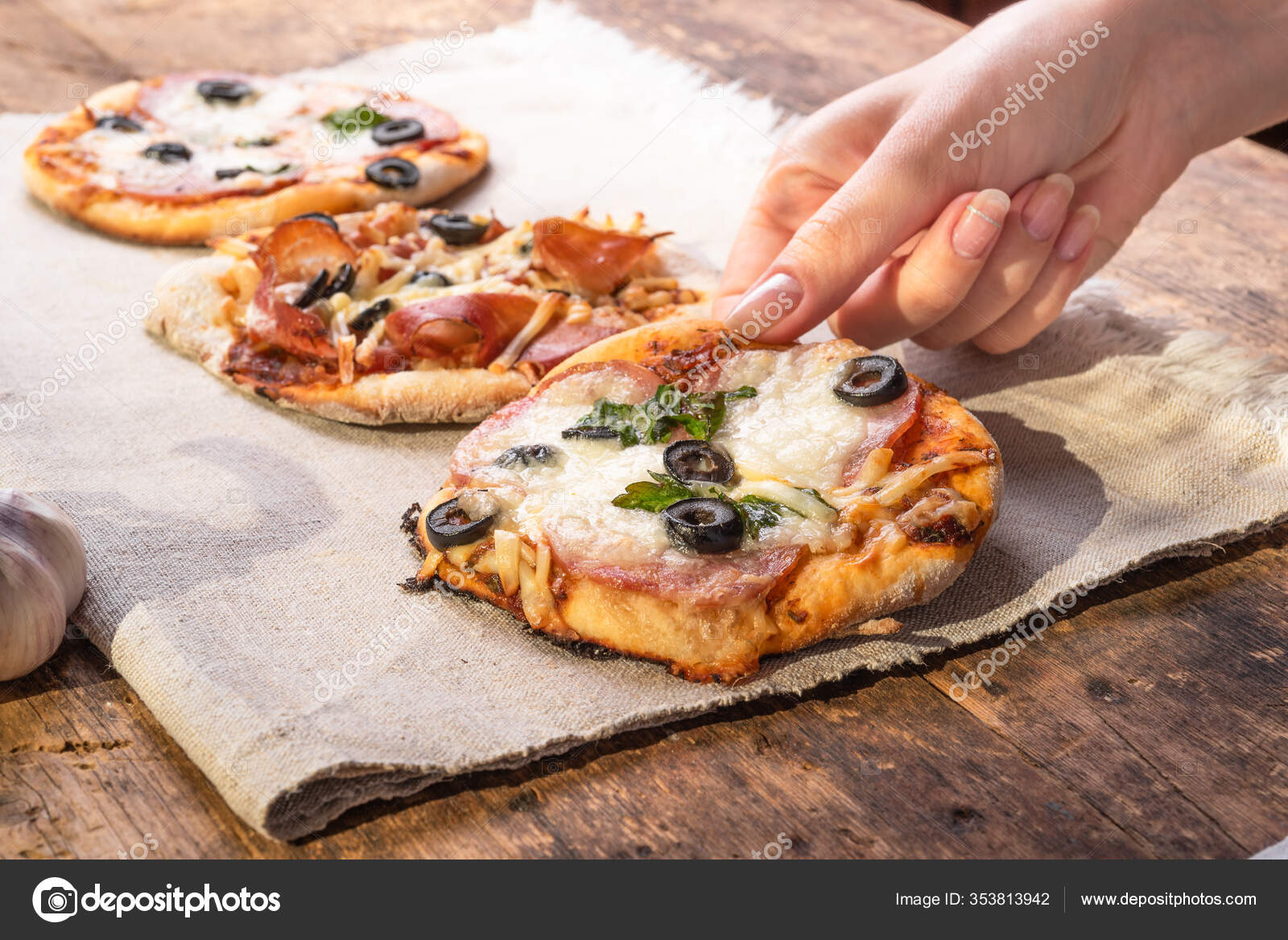 Download Traditional Italian Appetizer Woman Takes Mini Pizza Pizzetta Sausage Olives Stock Photo Image By C Imarksm 353813942