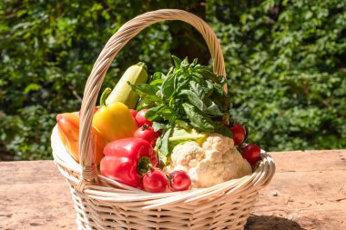 Güneşli bir günde bahçedeki ağaçların arka planında, ahşap bir masada olgun sebzelerle dolu sepet. Yakın plan.