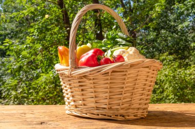 Olgun sebzelerle dolu sepet, bahçedeki ağaçların arka planında, ahşap bir masanın üzerinde.