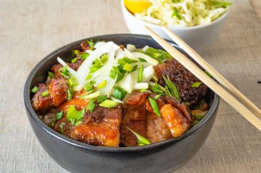 Pirinç kasesi ve kızarmış domuz eti, yakın plan - geleneksel Asya yemeği: Çin, Japon ve Kore yemeği..