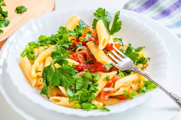 Italian Food Pasta Peppers Tomatoes Parsley Plate Light Background Penne — Stock Photo, Image