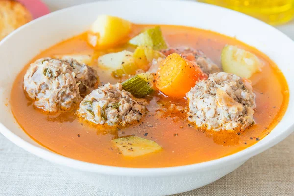 Mexican vegetable soup with meatballs Albondigas in a plate close-up. — Stock Image Mexican Vegetable Soup Meatballs Albondigas Plate Close Stock Photo
