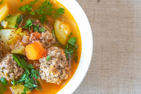 Mexican soup with meatballs and vegetables - Albondigas, copy space for recipe — Stock Image Mexican Soup Meatballs Vegetables Albondigas Copy Space Recipe Stock Picture