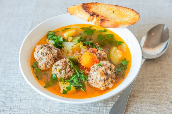 Mexican soup with meatballs and vegetables in a plate on a rustic background - Albondigas — Stock Image Mexican Soup Meatballs Vegetables Plate Rustic Background Albondigas Stock Picture