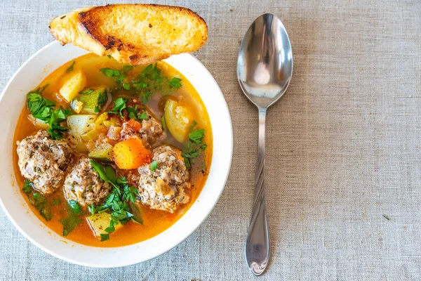 Mexican soup with meatballs and vegetables - Albondigas, copy space for recipe — Stock Image Mexican Soup Meatballs Vegetables Albondigas Copy Space Recipe Stock Photo
