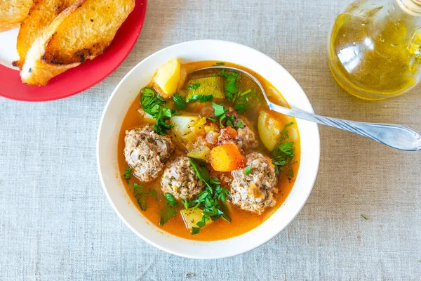 Albondigas - traditional Mexican vegetable soup with meatballs. — Stock Image Albondigas Traditional Mexican Vegetable Soup Meatballs Stock Picture