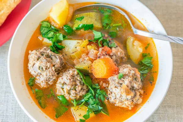 Spanish soup with meatballs and vegetables - Albondigas — Stock Image Spanish Soup Meatballs Vegetables Albondigas Royalty Free Stock Photos