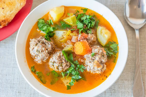 Spanish soup with meatballs and vegetables - Albondigas — Stock Image Spanish Soup Meatballs Vegetables Albondigas Royalty Free Stock Images