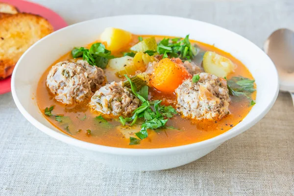 Spanish soup with meatballs and vegetables - Albondigas — Stock Image Spanish Soup Meatballs Vegetables Albondigas Royalty Free Stock Images